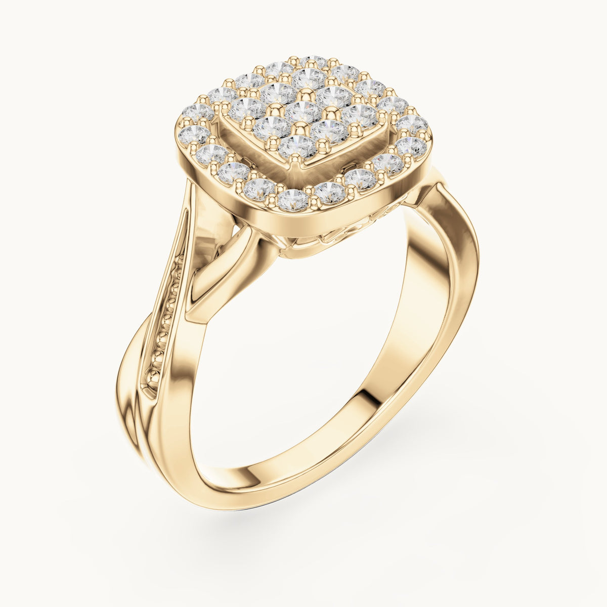 Round lab-grown diamond cushion cluster halo ring in yellow gold, 0.495 CT TW, view 2