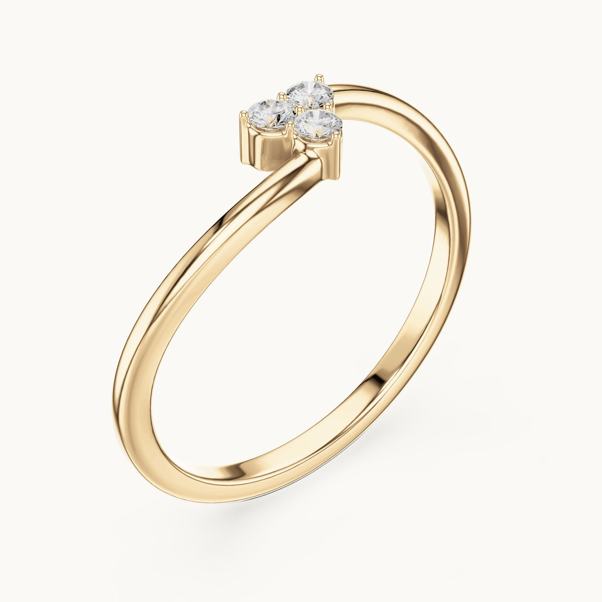 Round lab-grown diamond three-stone cluster bypass ring in yellow gold, 0.090 CT TW, view 2