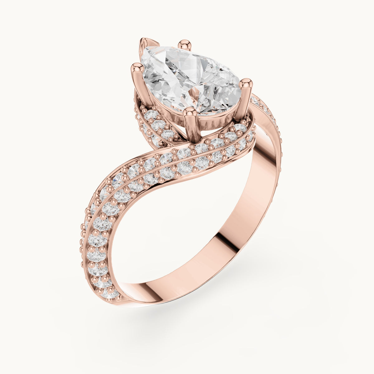 Pear and round lab-grown diamond halo bypass engagement ring in rose gold, 2.196 CT TW, view 2