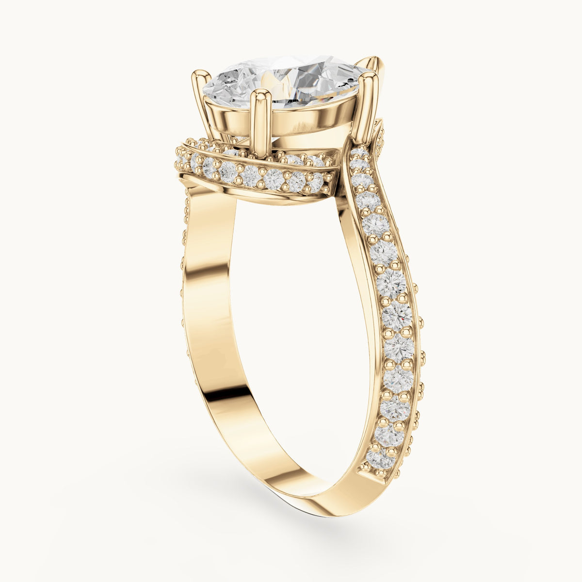Pear and round lab-grown diamond halo bypass engagement ring in yellow gold, 2.196 CT TW, view 1