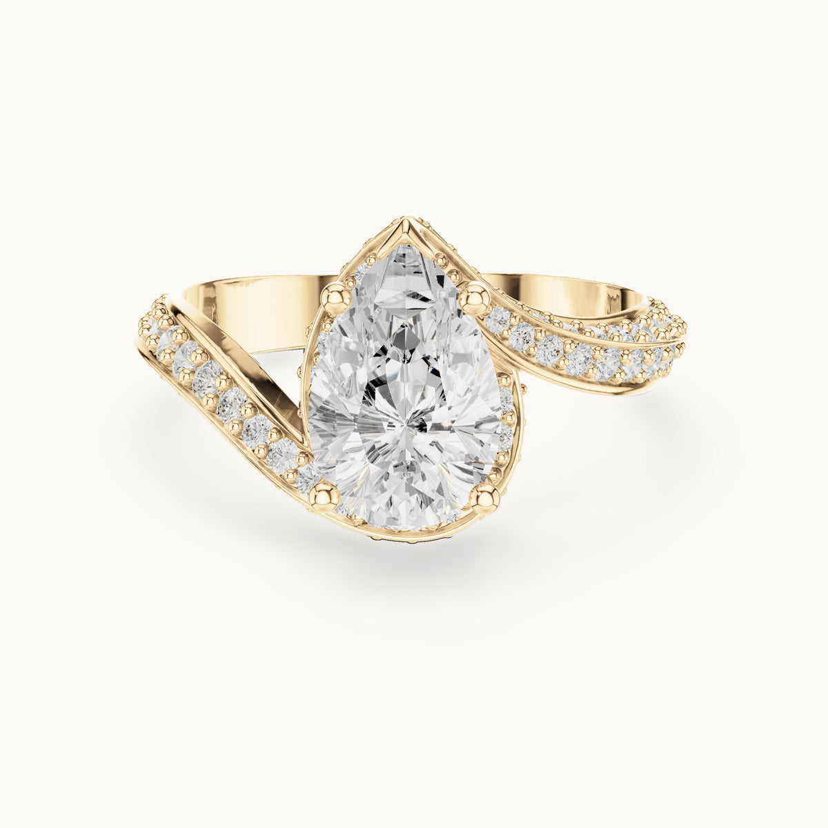 Pear and round lab-grown diamond halo bypass engagement ring in yellow gold, 2.196 CT TW, view 4