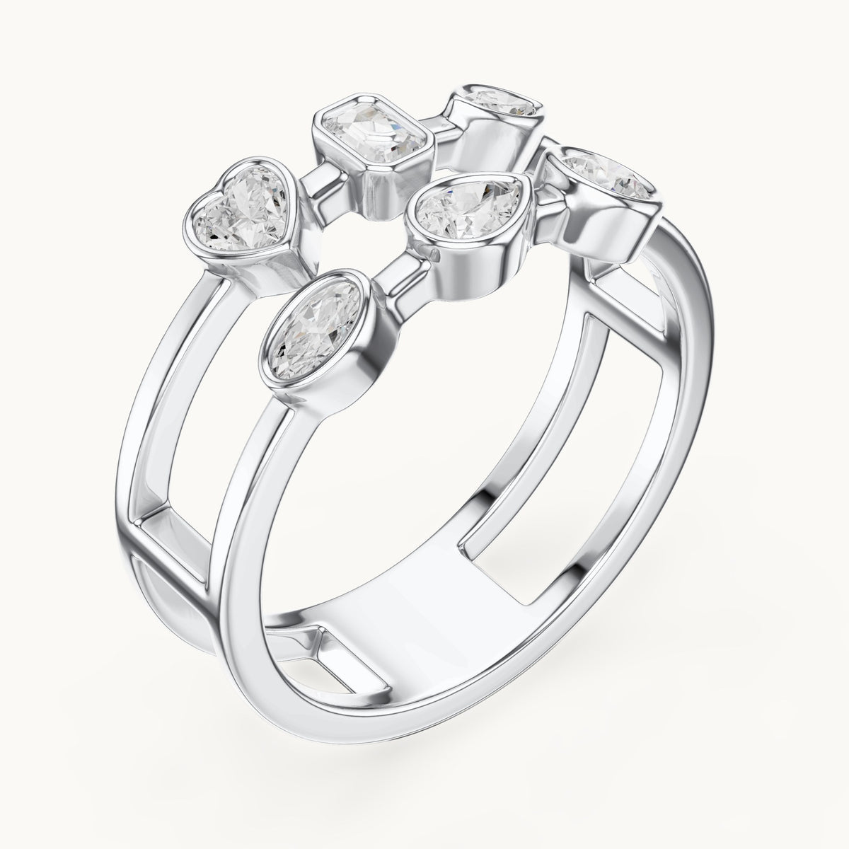Heart, round and pear lab-grown diamond mixed-shape bezel double-band ring in white gold, 0.494 CT TW, view 2