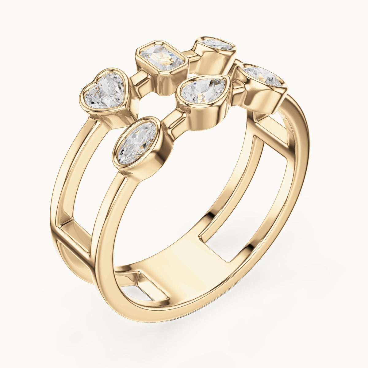Heart, round and pear lab-grown diamond mixed-shape bezel double-band ring in yellow gold, 0.494 CT TW, view 2