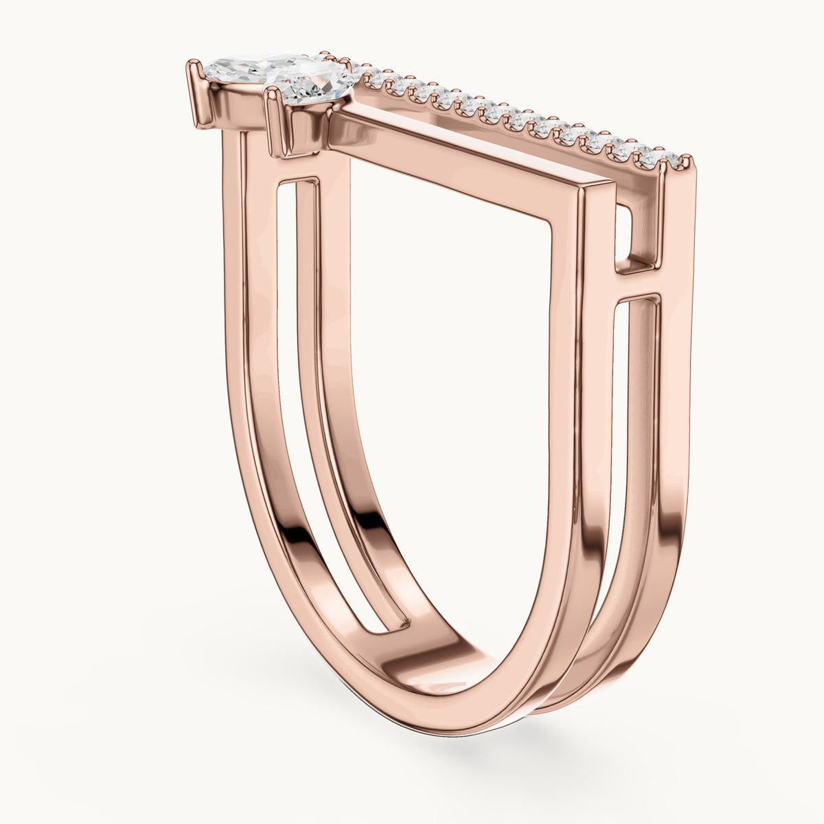 Marquise and round lab-grown diamond chevron double-band ring in rose gold, 0.29 CT TW, view 1