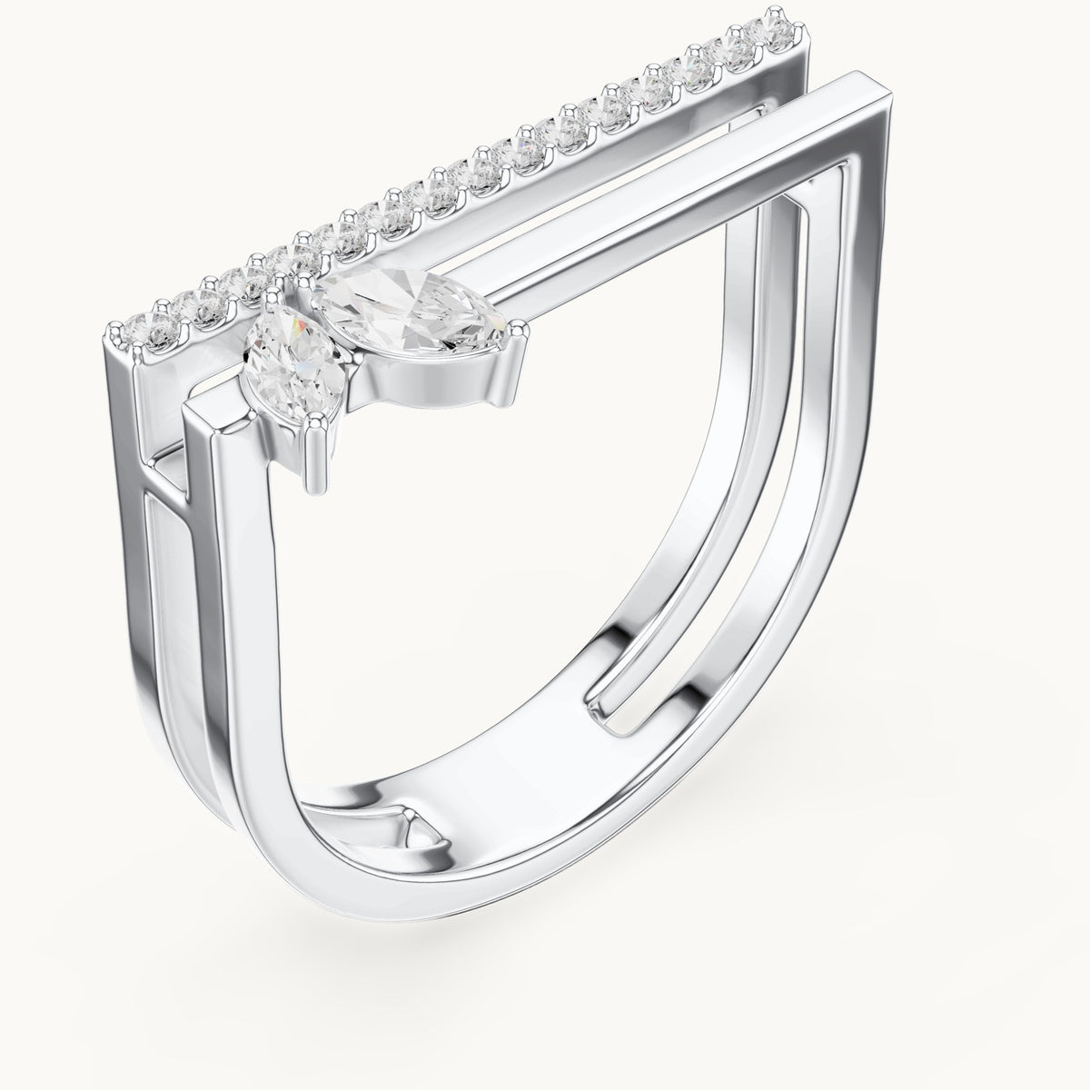 Marquise and round lab-grown diamond chevron double-band ring in white gold, 0.29 CT TW, view 2