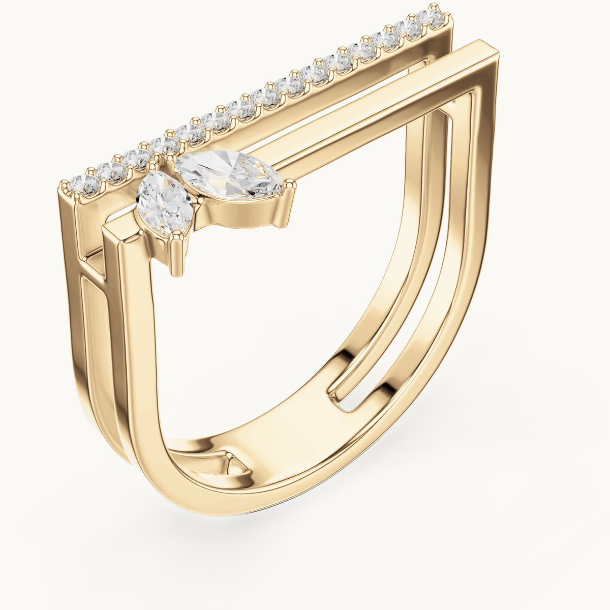 Marquise and round lab-grown diamond chevron double-band ring in yellow gold, 0.29 CT TW, view 2