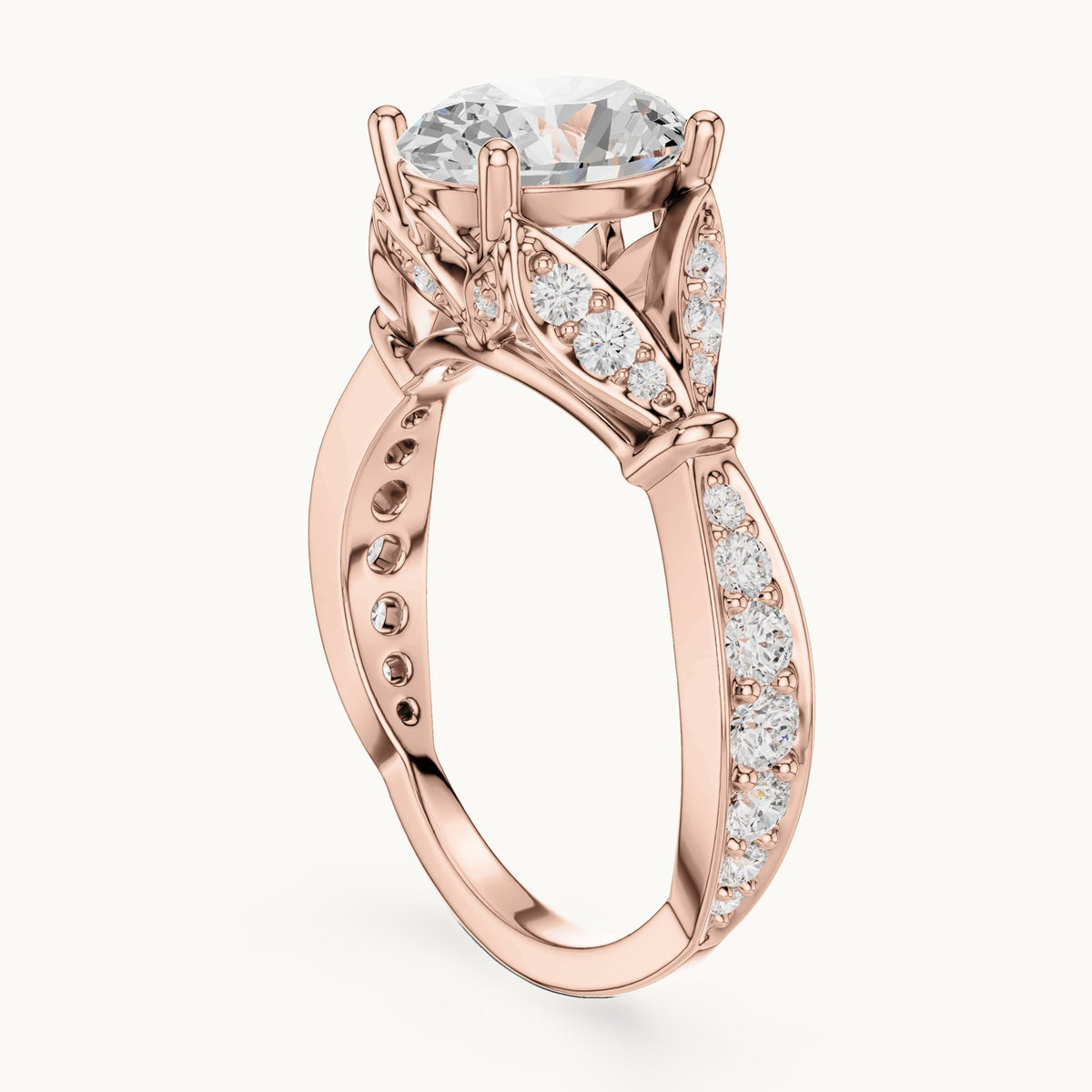 Oval and round lab-grown diamond leaf vine engagement ring in rose gold, 2.58 CT TW, view 1