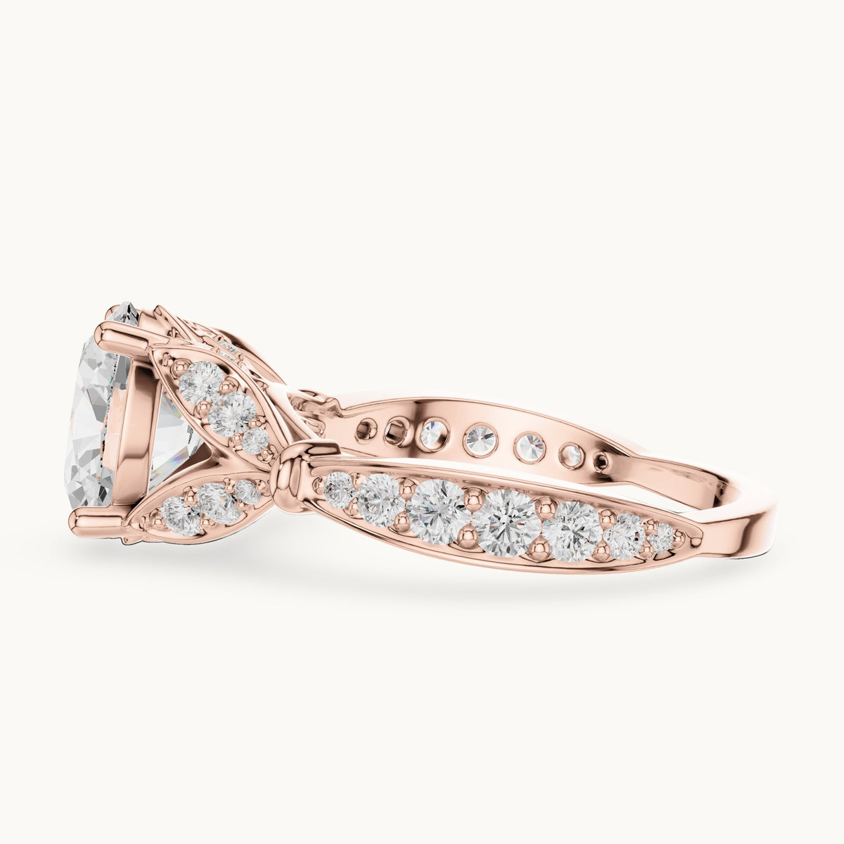 Oval and round lab-grown diamond leaf vine engagement ring in rose gold, 2.58 CT TW, view 3