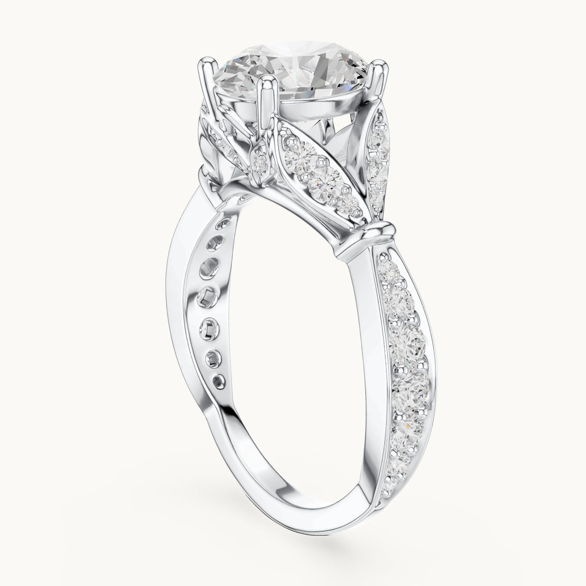 Oval and round lab-grown diamond leaf vine engagement ring in white gold, 2.58 CT TW, view 1