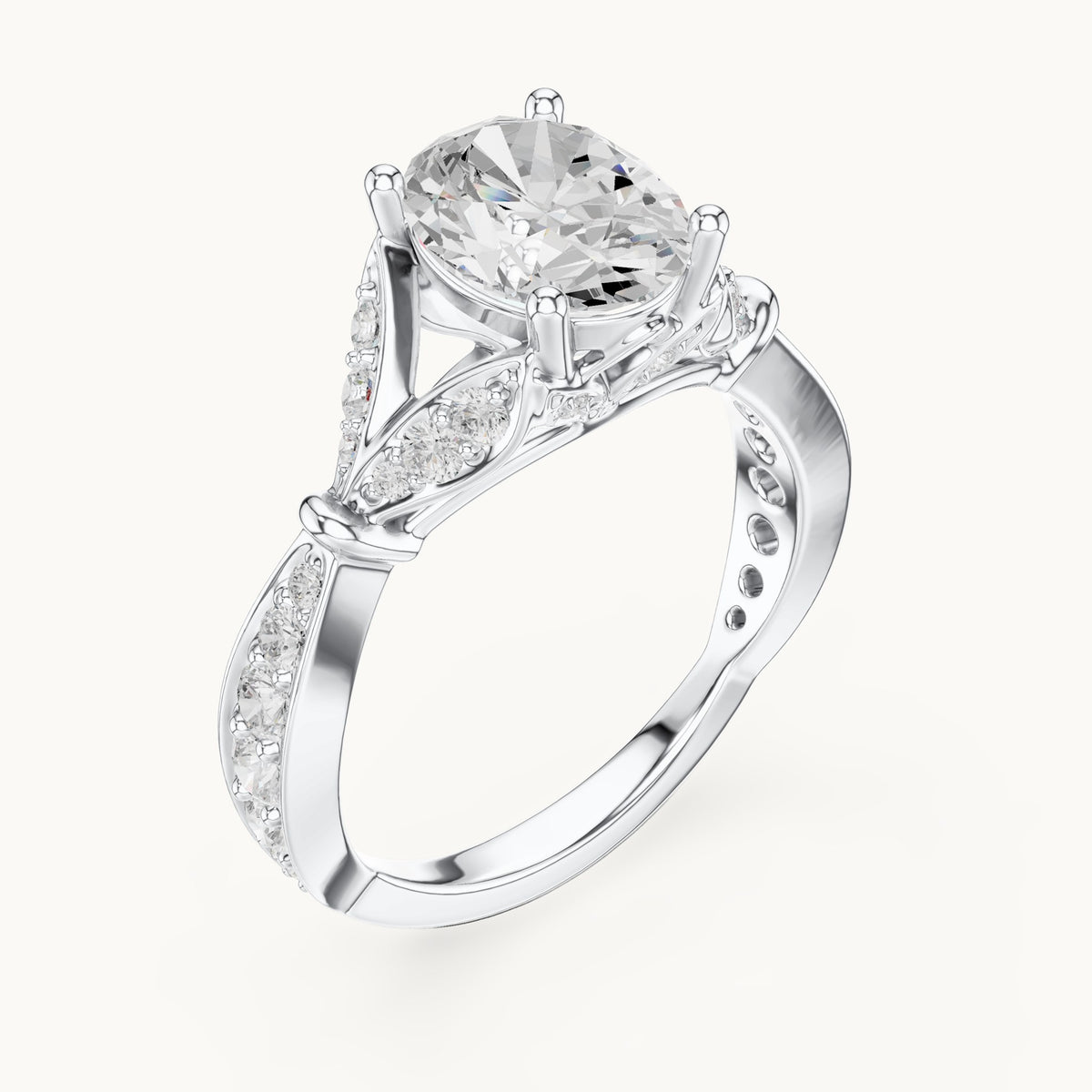Oval and round lab-grown diamond leaf vine engagement ring in white gold, 2.58 CT TW, view 2