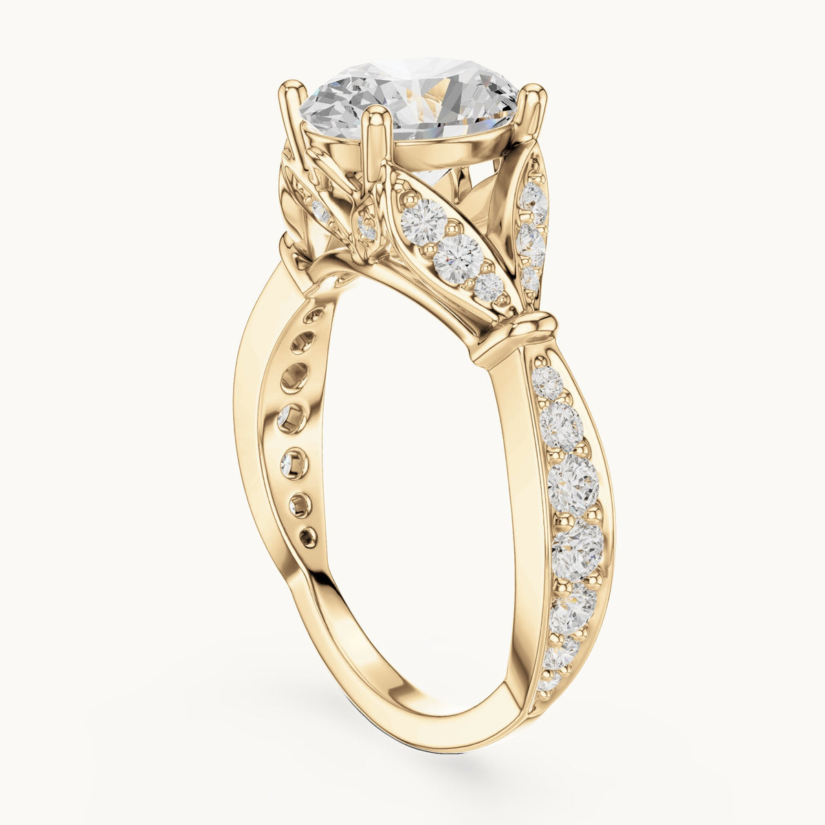 Oval and round lab-grown diamond leaf vine engagement ring in yellow gold, 2.58 CT TW, view 1
