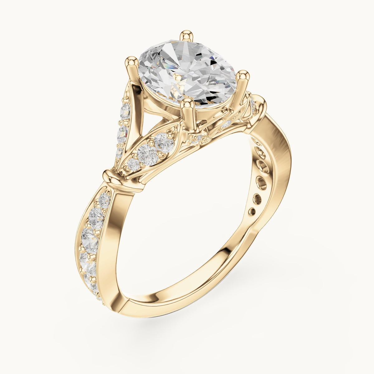 Oval and round lab-grown diamond leaf vine engagement ring in yellow gold, 2.58 CT TW, view 2