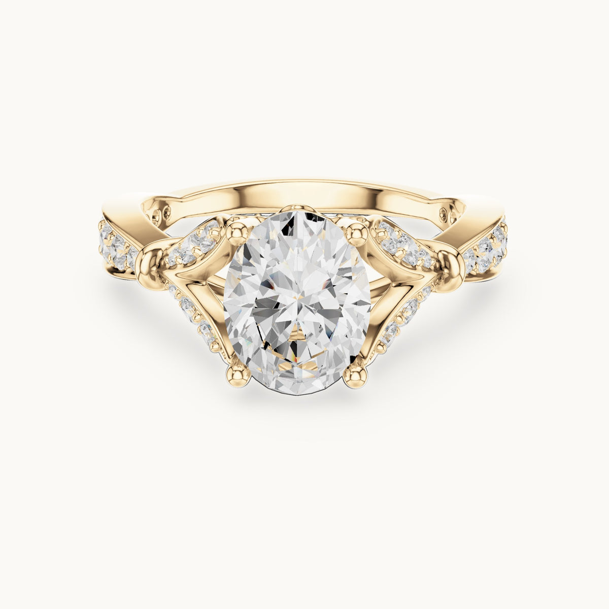 Oval and round lab-grown diamond leaf vine engagement ring in yellow gold, 2.58 CT TW, view 4