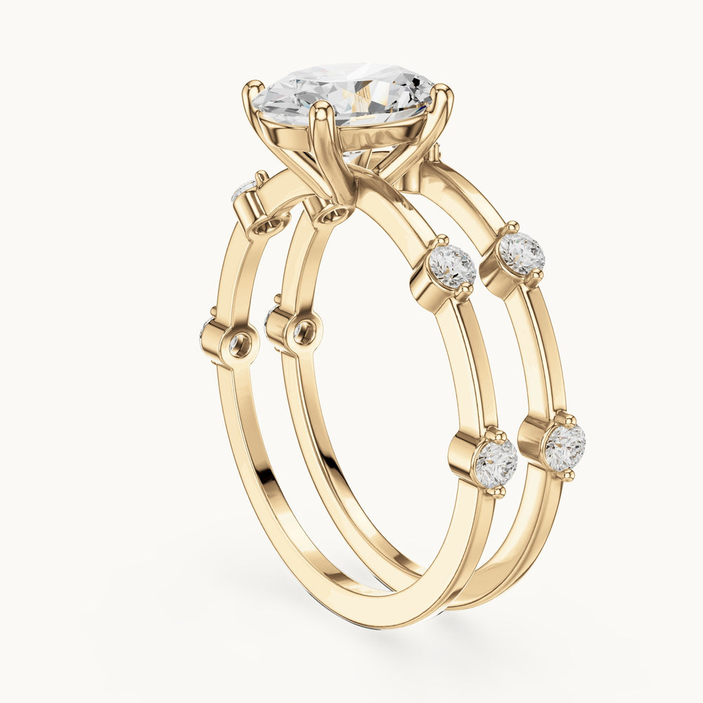 Oval and round lab-grown diamond triple band engagement ring in yellow gold, 1.515 CT TW, view 1