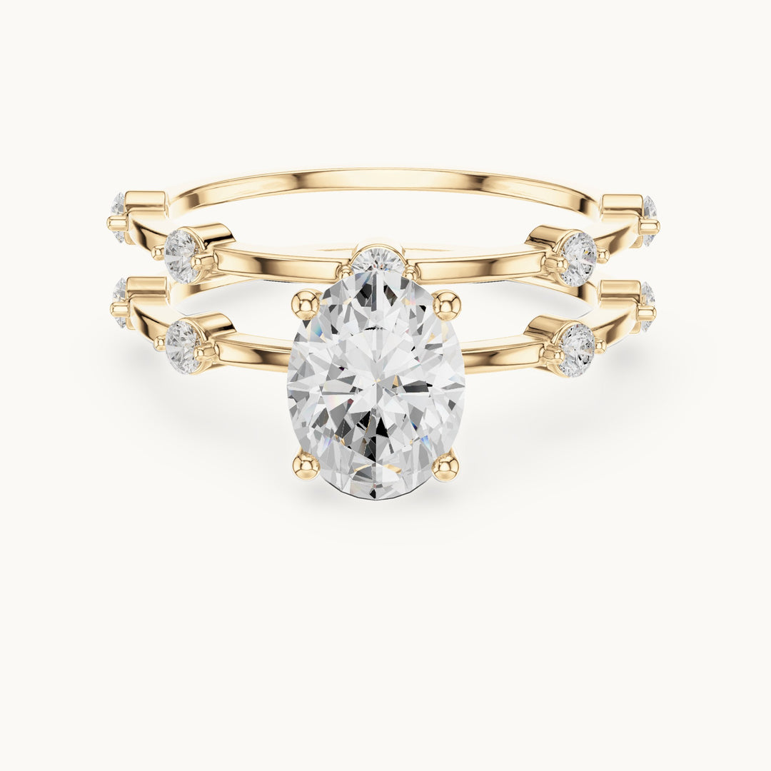 Oval and round lab-grown diamond triple band engagement ring in yellow gold, 1.515 CT TW, view 4