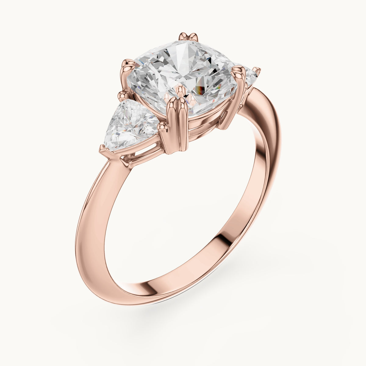 Cushion-cut and trillion lab-grown diamond three-stone engagement ring with trillion side stones in rose gold, 3.12 CT TW, view 2
