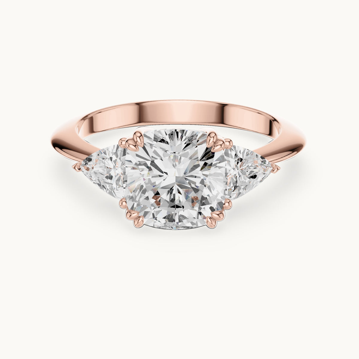 Cushion-cut and trillion lab-grown diamond three-stone engagement ring with trillion side stones in rose gold, 3.12 CT TW, view 4