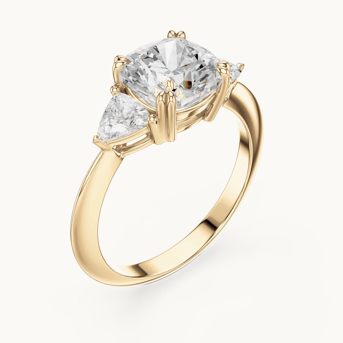 Cushion-cut and trillion lab-grown diamond three-stone engagement ring with trillion side stones in yellow gold, 3.12 CT TW, view 2