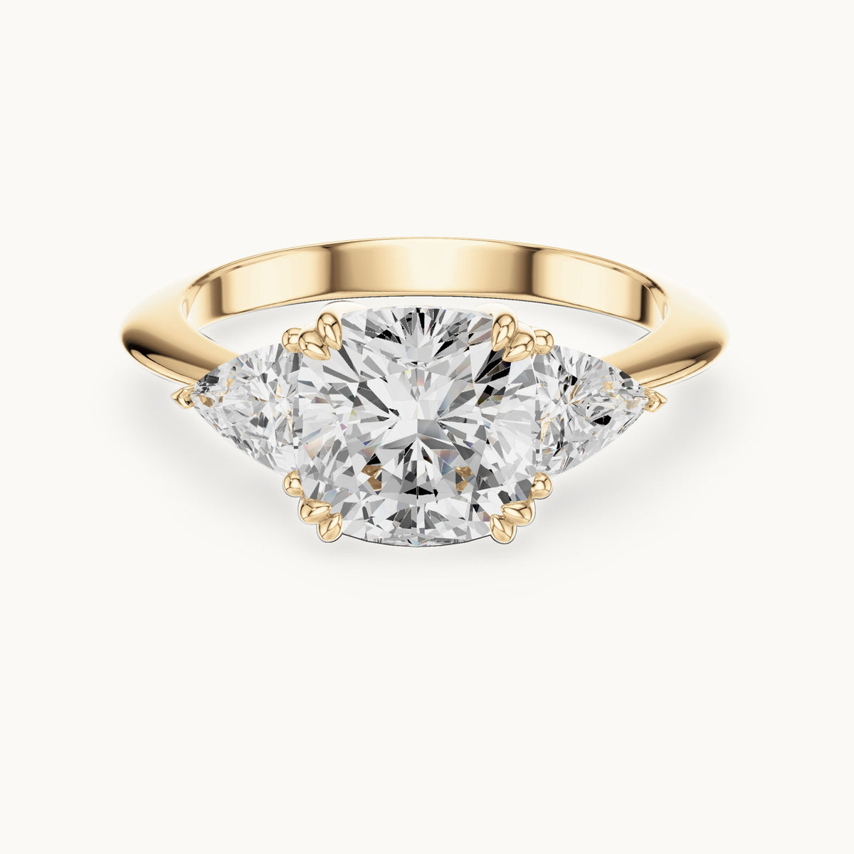Cushion-cut and trillion lab-grown diamond three-stone engagement ring with trillion side stones in yellow gold, 3.12 CT TW, view 4