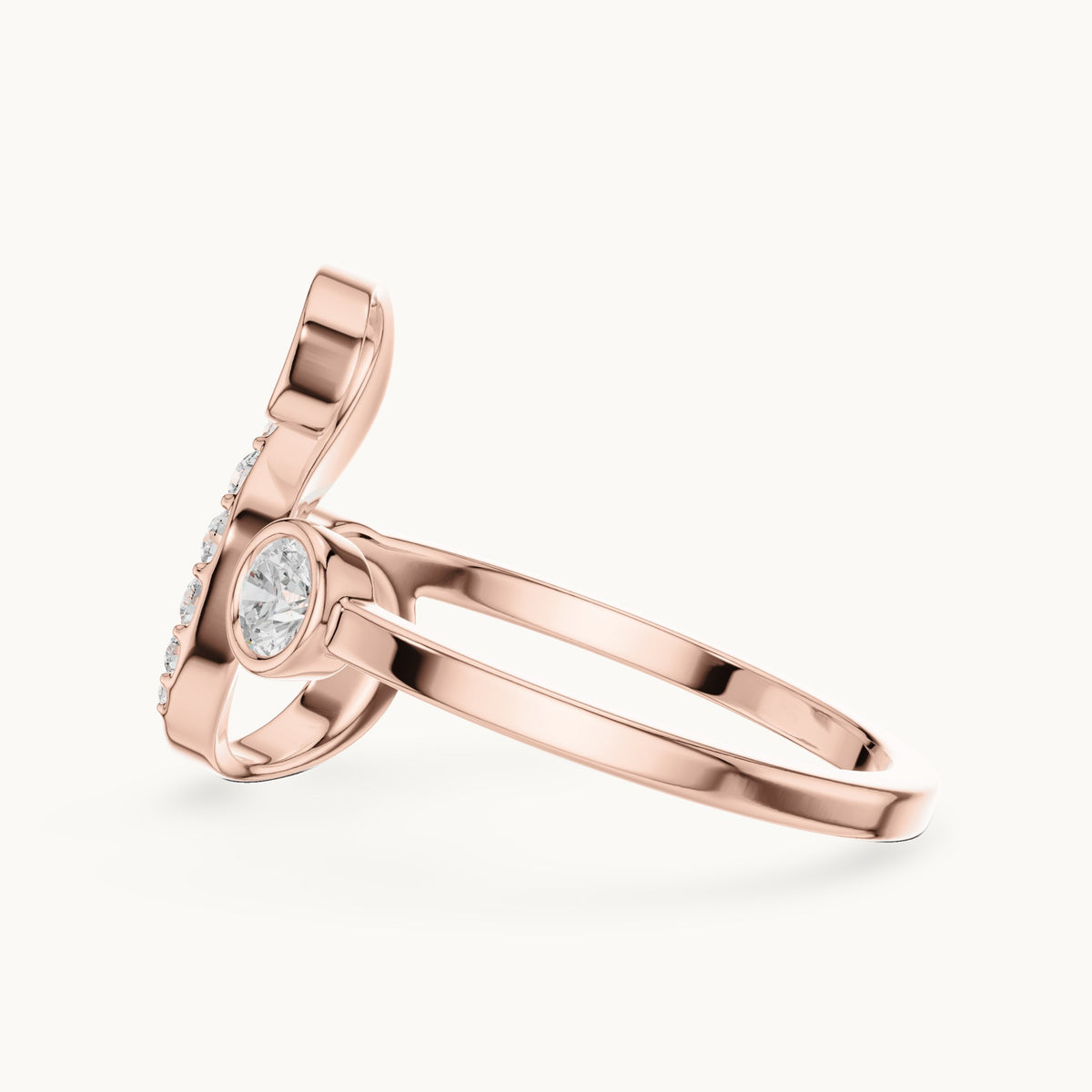 Round lab-grown diamond swirl bypass ring with bezel diamond in rose gold, 0.228 CT TW, view 3
