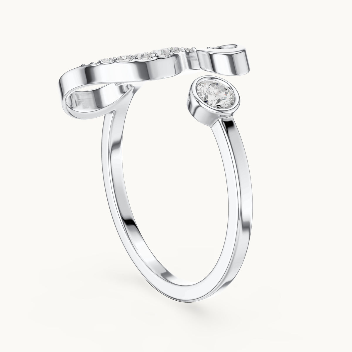 Round lab-grown diamond swirl bypass ring with bezel diamond in white gold, 0.228 CT TW, view 1