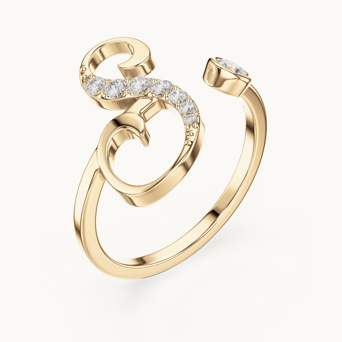 Round lab-grown diamond swirl bypass ring with bezel diamond in yellow gold, 0.228 CT TW, view 2