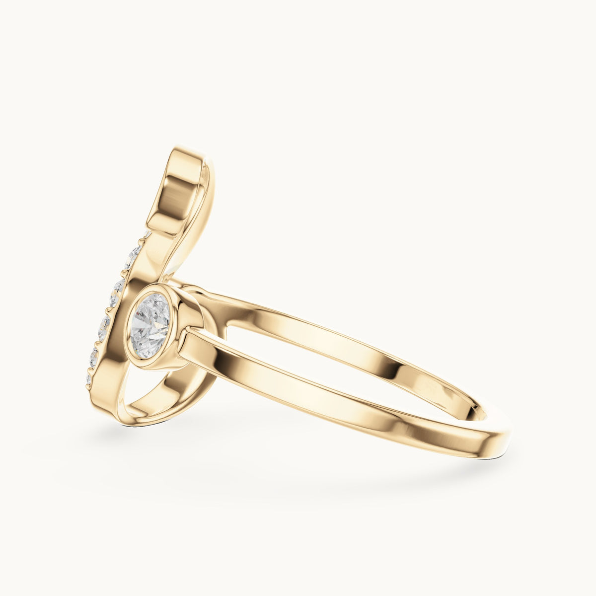 Round lab-grown diamond swirl bypass ring with bezel diamond in yellow gold, 0.228 CT TW, view 3
