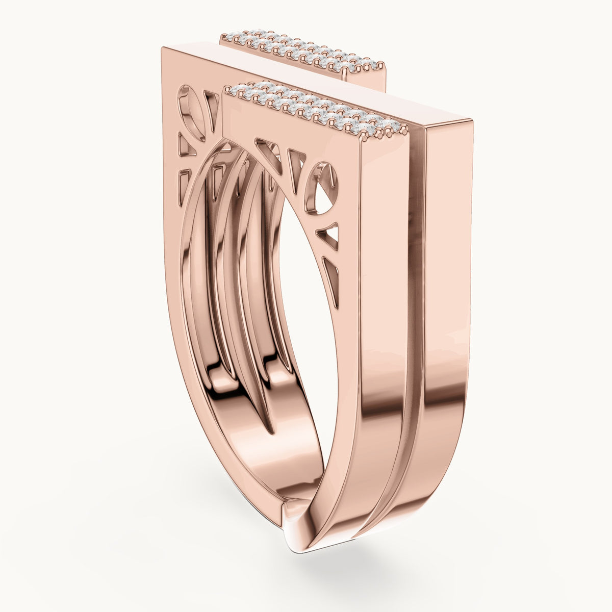 Round lab-grown diamond architectural pavé double band ring in rose gold, 0.18 CT TW, view 1