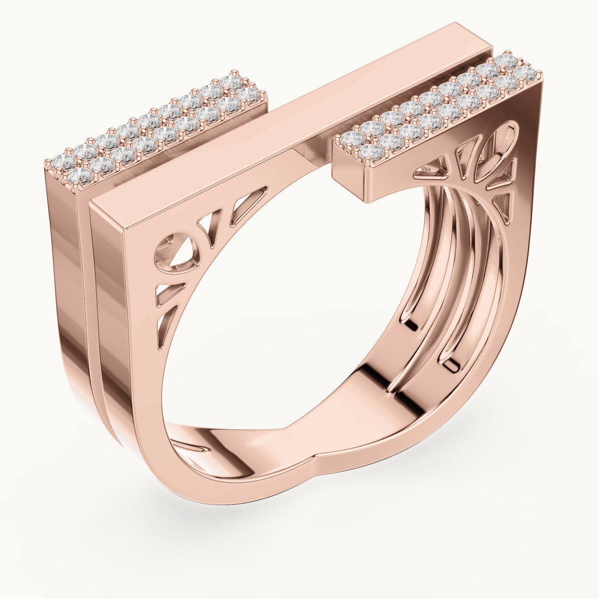 Round lab-grown diamond architectural pavé double band ring in rose gold, 0.18 CT TW, view 2