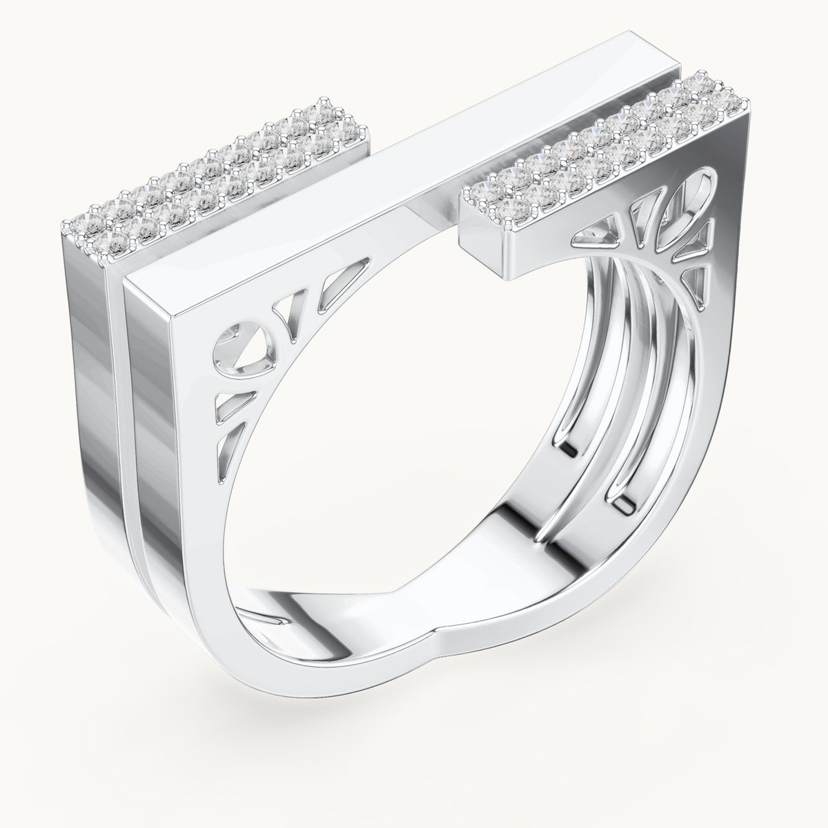 Round lab-grown diamond architectural pavé double band ring in white gold, 0.18 CT TW, view 2