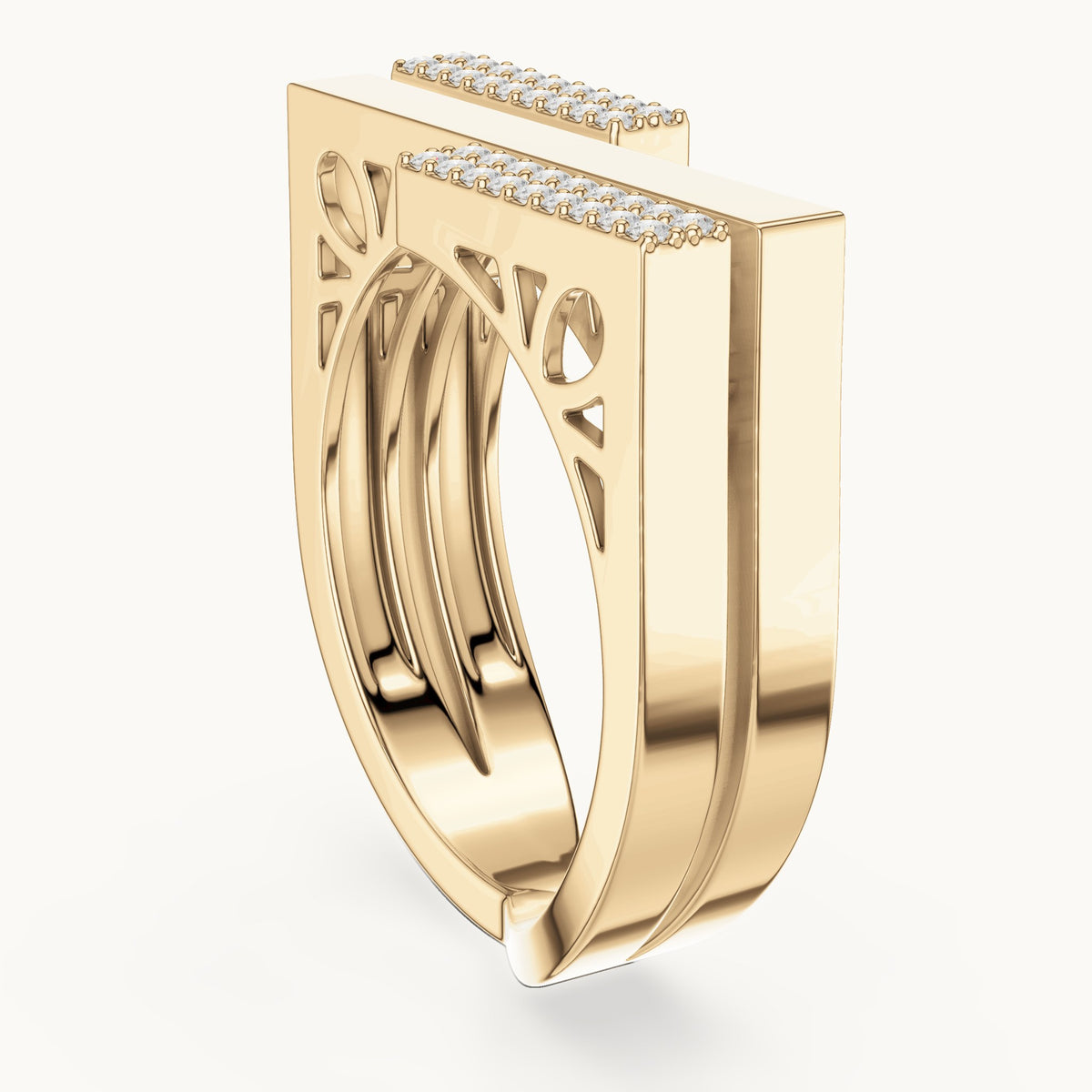 Round lab-grown diamond architectural pavé double band ring in yellow gold, 0.18 CT TW, view 1