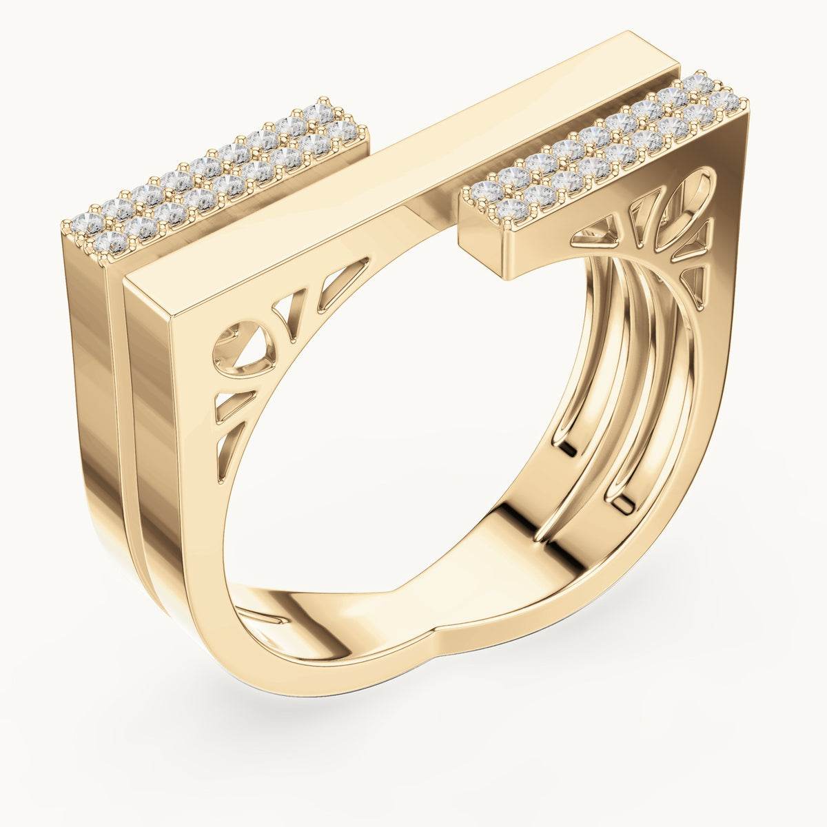 Round lab-grown diamond architectural pavé double band ring in yellow gold, 0.18 CT TW, view 2