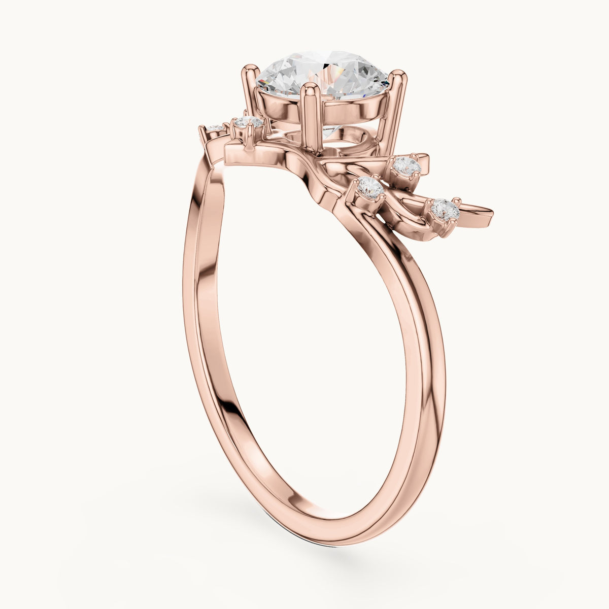 Round lab-grown diamond leaf solitaire engagement ring in rose gold, 0.92 CT TW, view 1