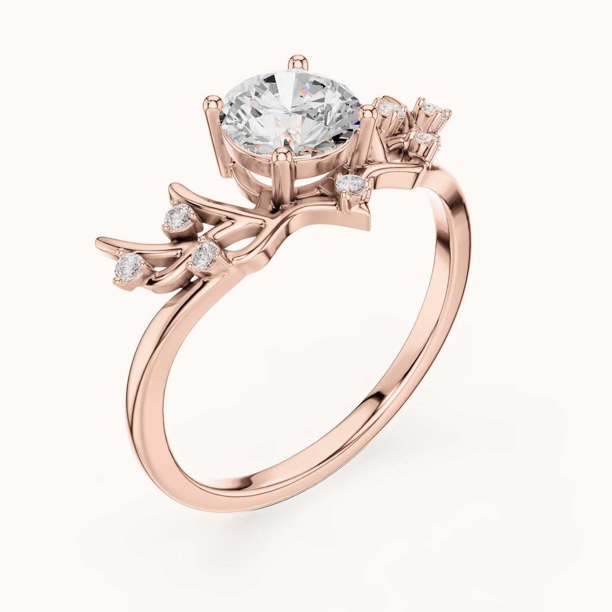 Round lab-grown diamond leaf solitaire engagement ring in rose gold, 0.92 CT TW, view 2