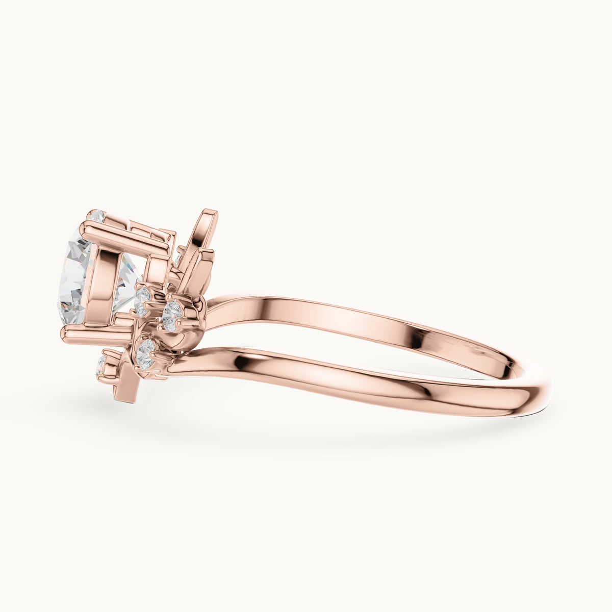 Round lab-grown diamond leaf solitaire engagement ring in rose gold, 0.92 CT TW, view 3