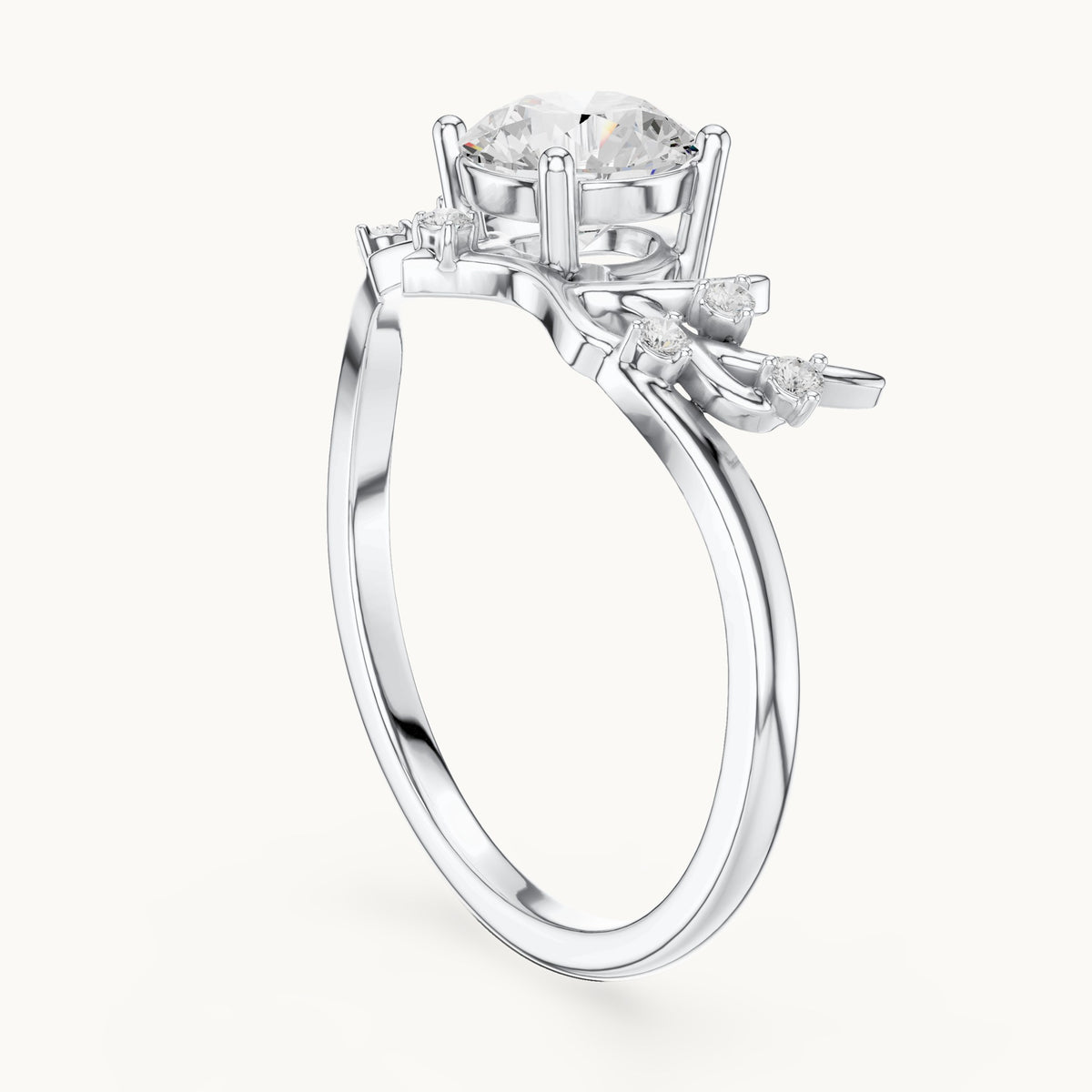 Round lab-grown diamond leaf solitaire engagement ring in white gold, 0.92 CT TW, view 1