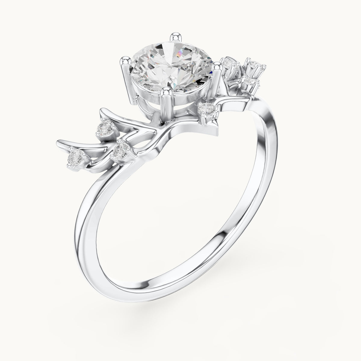 Round lab-grown diamond leaf solitaire engagement ring in white gold, 0.92 CT TW, view 2