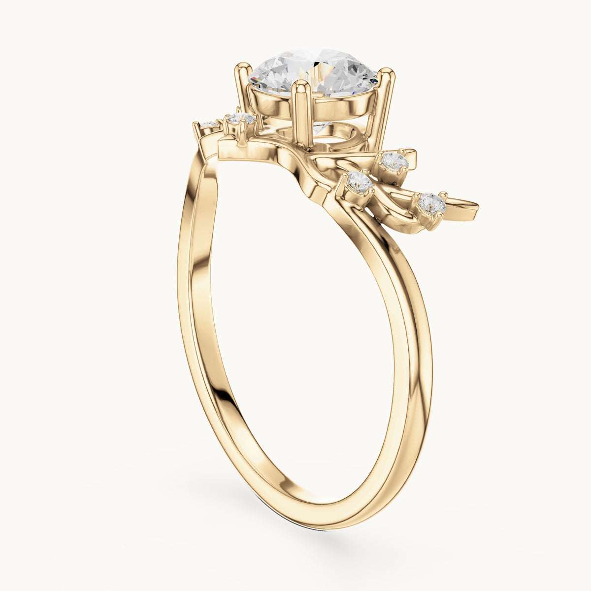 Round lab-grown diamond leaf solitaire engagement ring in yellow gold, 0.92 CT TW, view 1