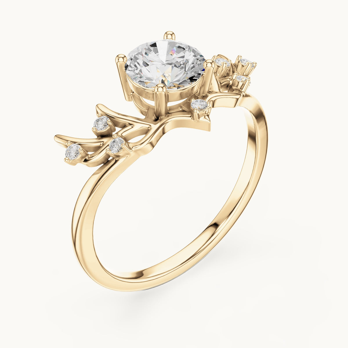 Round lab-grown diamond leaf solitaire engagement ring in yellow gold, 0.92 CT TW, view 2