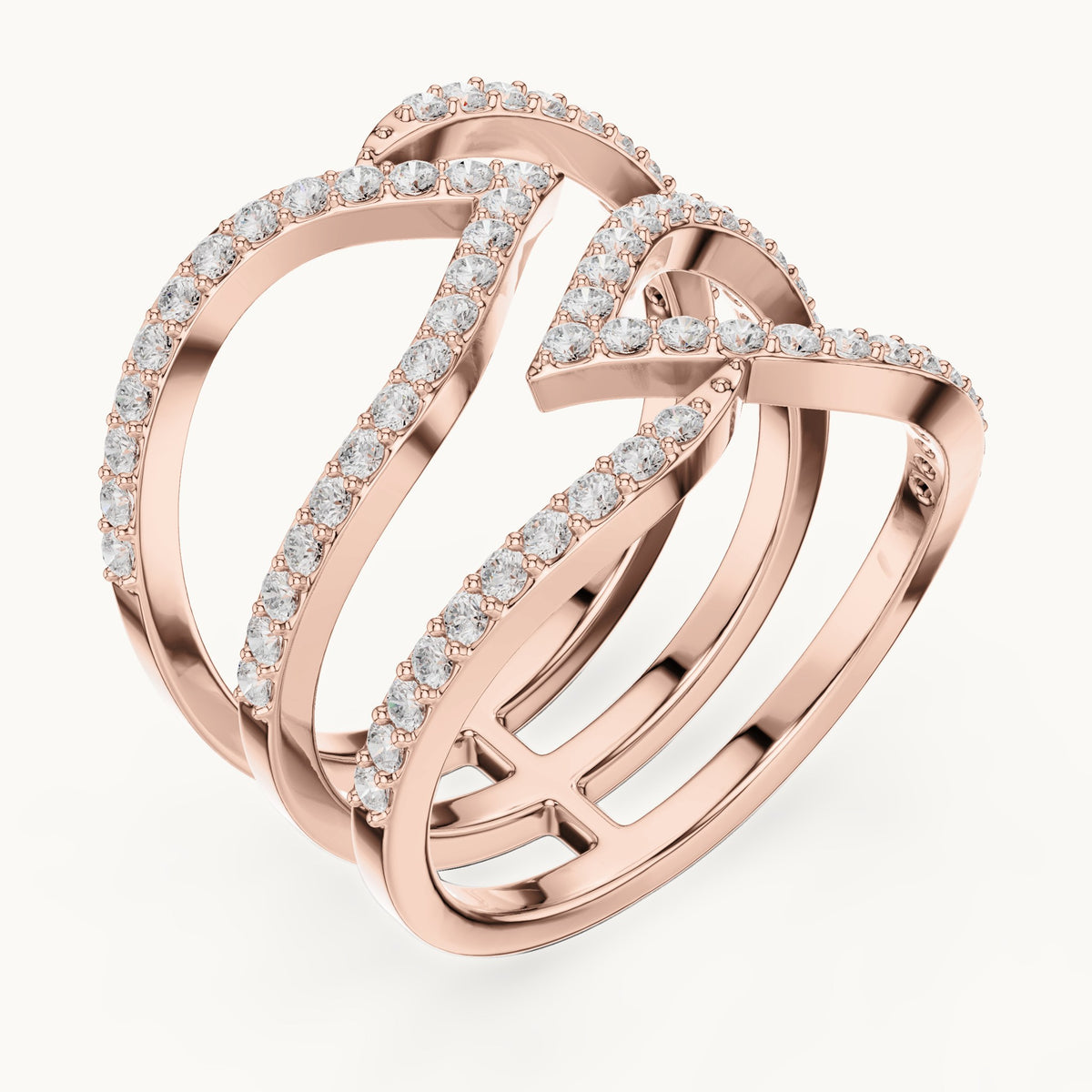 Round lab-grown diamond crisscross pavé statement ring in rose gold, 0.696 CT TW, view 2