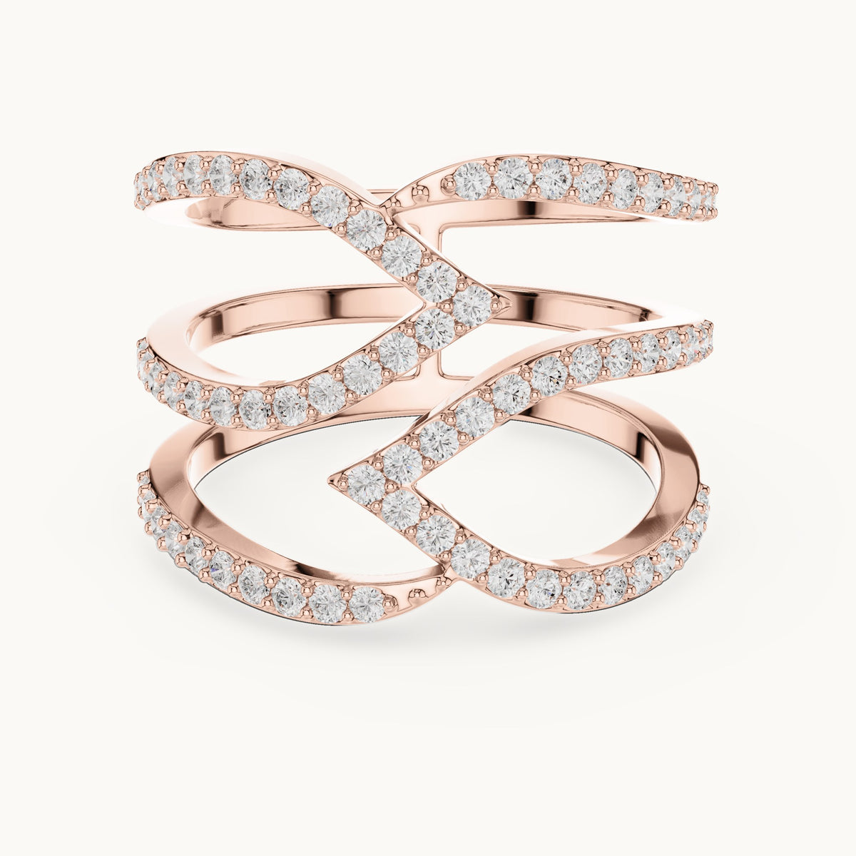 Round lab-grown diamond crisscross pavé statement ring in rose gold, 0.696 CT TW, view 4