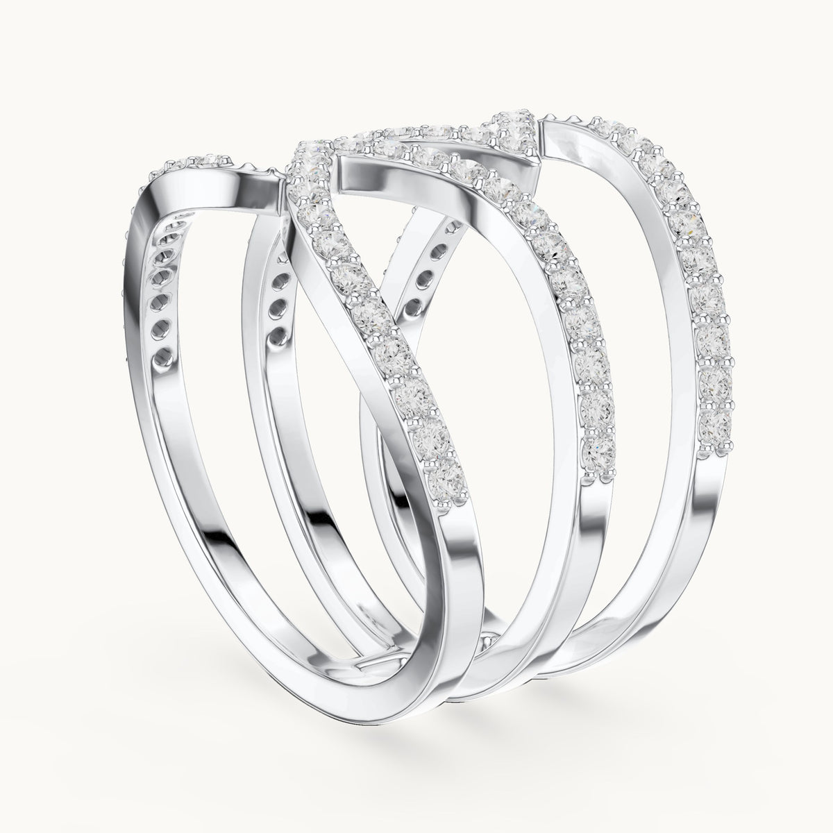 Round lab-grown diamond crisscross pavé statement ring in white gold, 0.696 CT TW, view 1