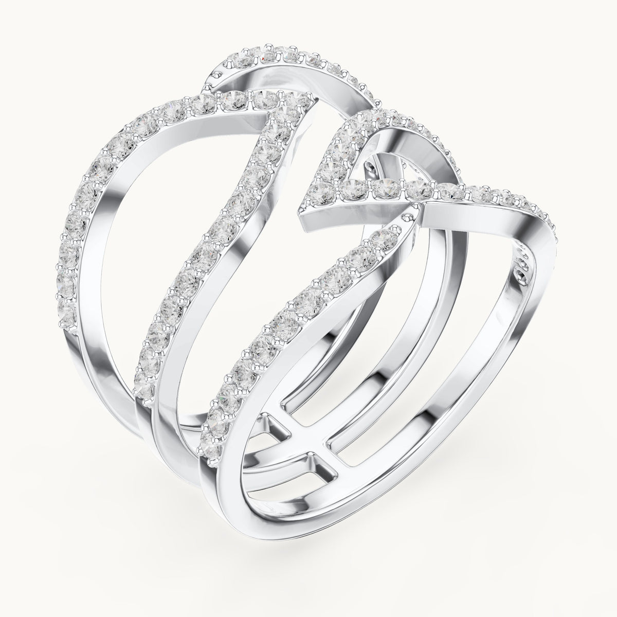 Round lab-grown diamond crisscross pavé statement ring in white gold, 0.696 CT TW, view 2