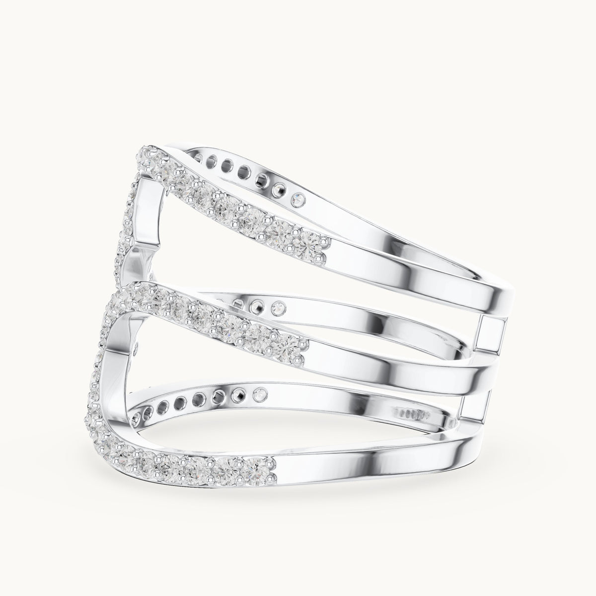 Round lab-grown diamond crisscross pavé statement ring in white gold, 0.696 CT TW, view 3