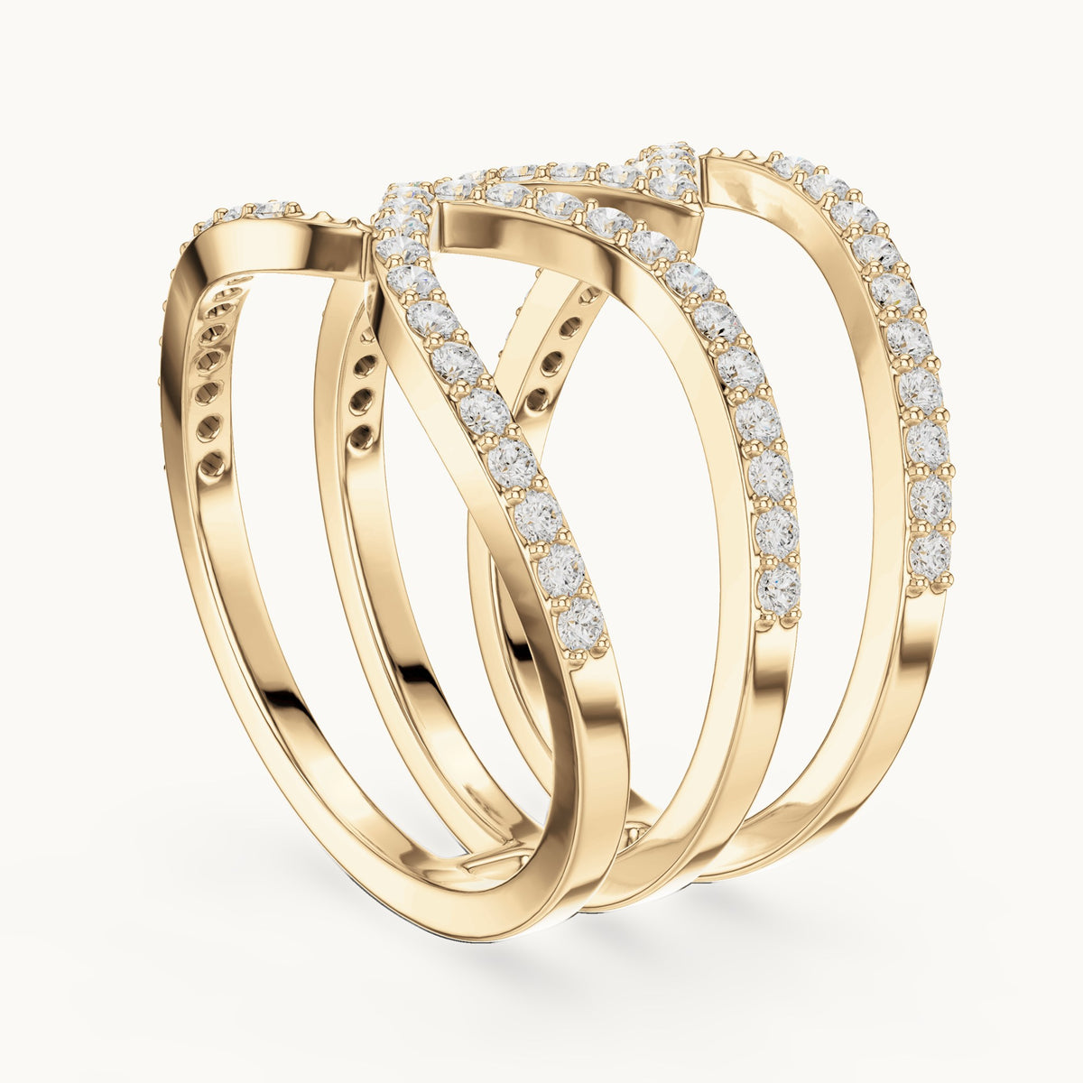 Round lab-grown diamond crisscross pavé statement ring in yellow gold, 0.696 CT TW, view 1