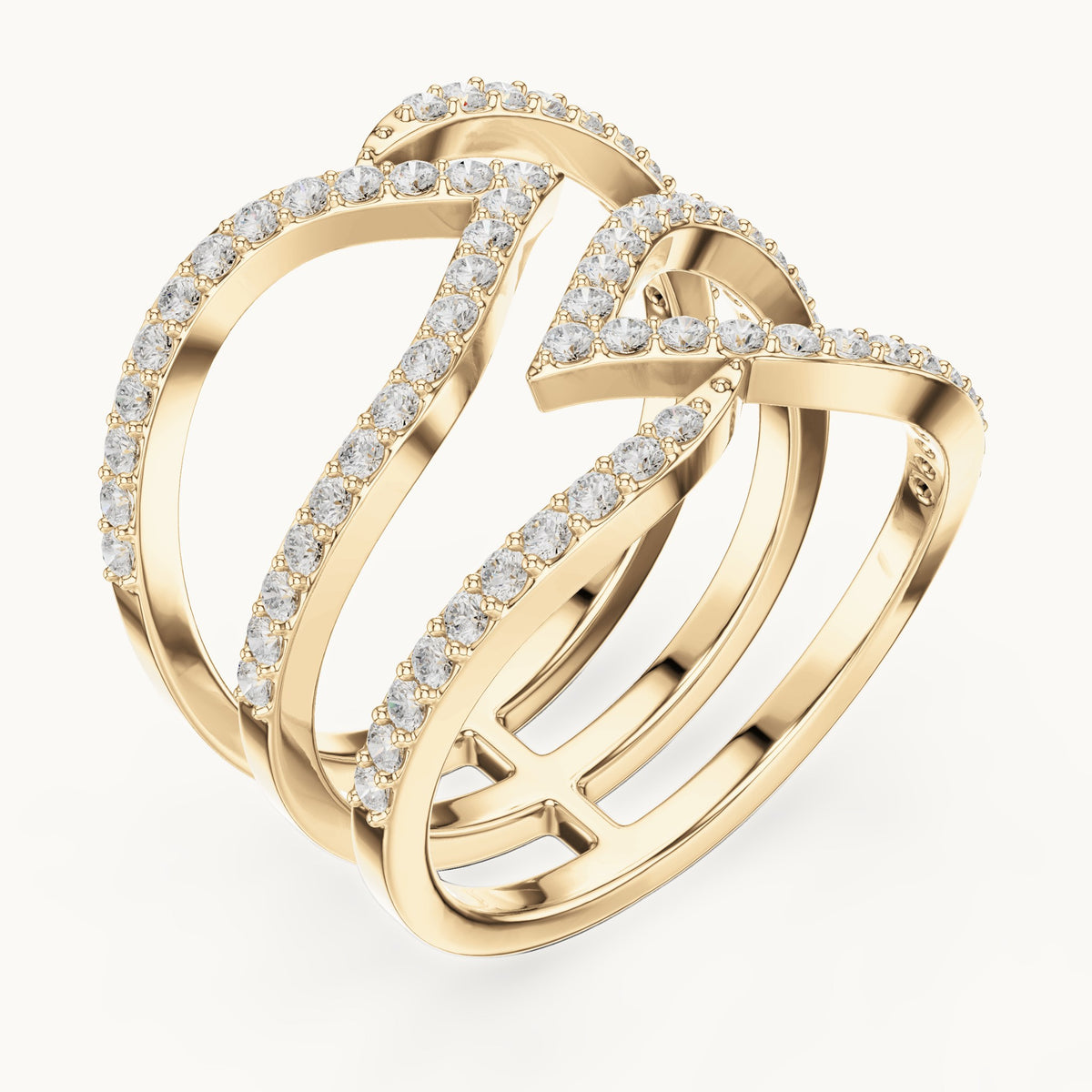 Round lab-grown diamond crisscross pavé statement ring in yellow gold, 0.696 CT TW, view 2