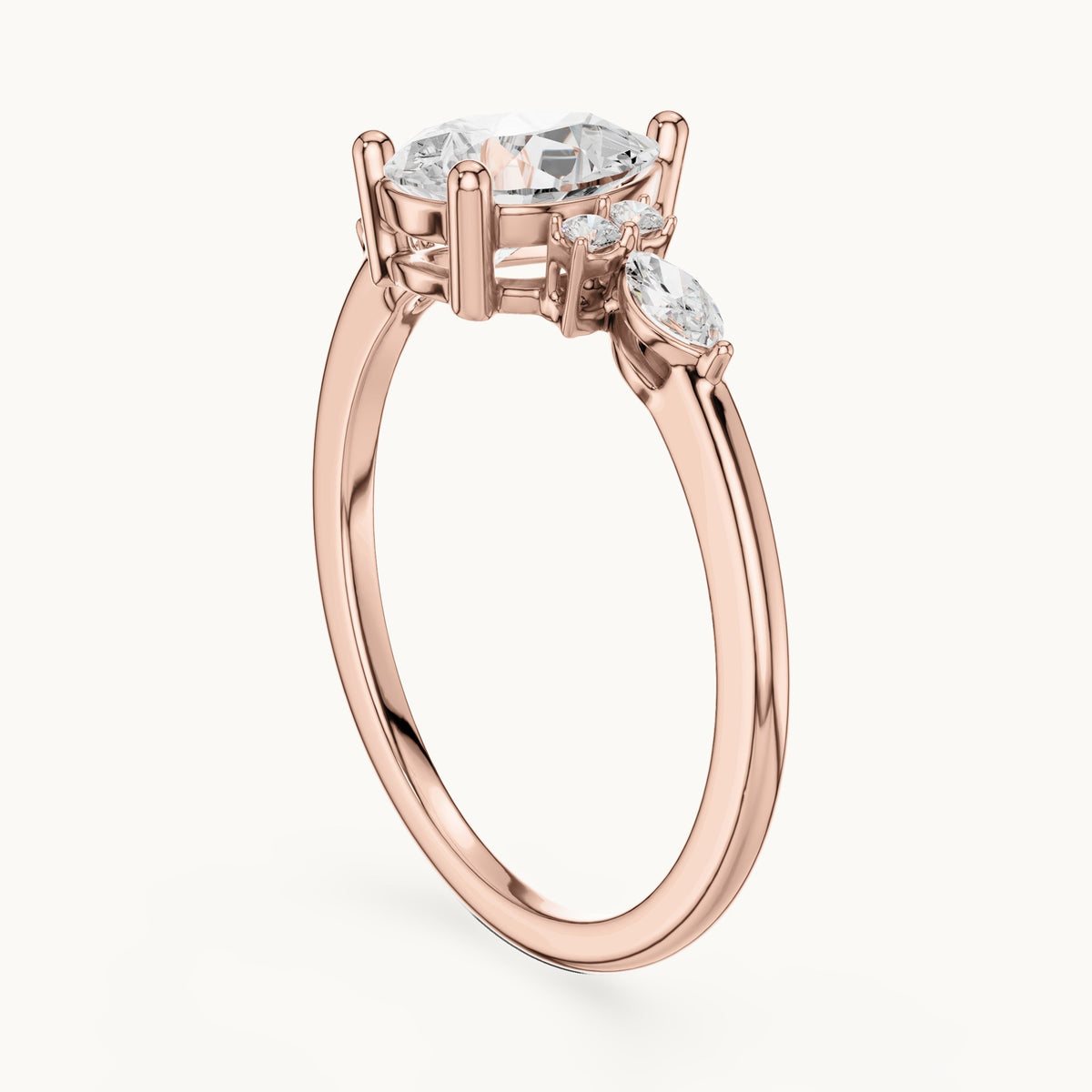 Pear, marquise and round lab-grown diamond engagement ring with side clusters in rose gold, 1.19 CT TW, view 1