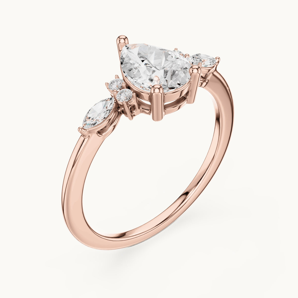 Pear, marquise and round lab-grown diamond engagement ring with side clusters in rose gold, 1.19 CT TW, view 2