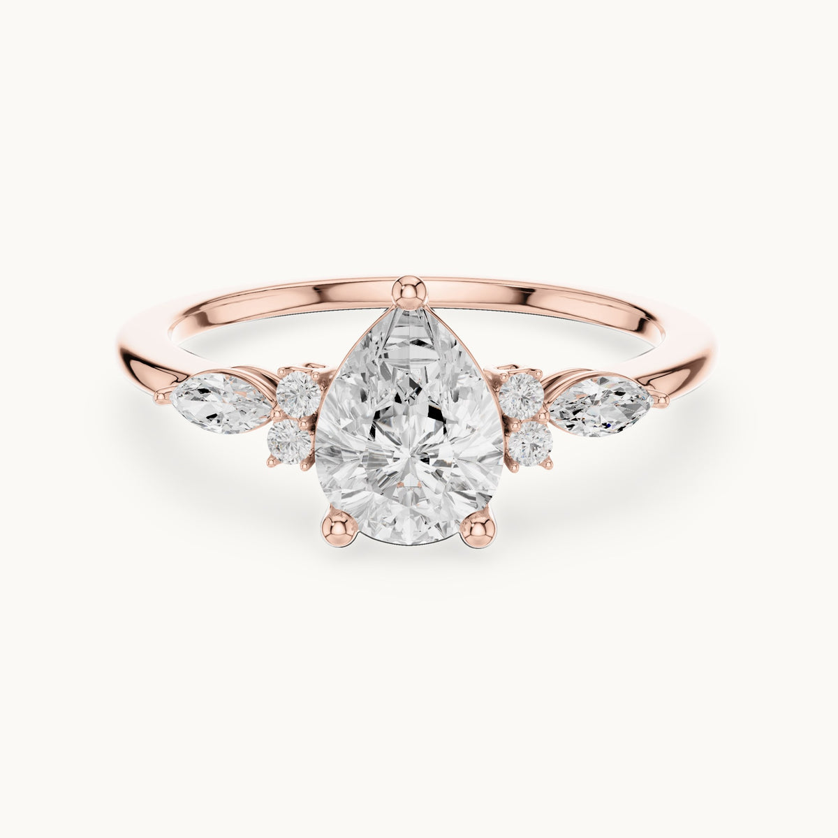 Pear, marquise and round lab-grown diamond engagement ring with side clusters in rose gold, 1.19 CT TW, view 4