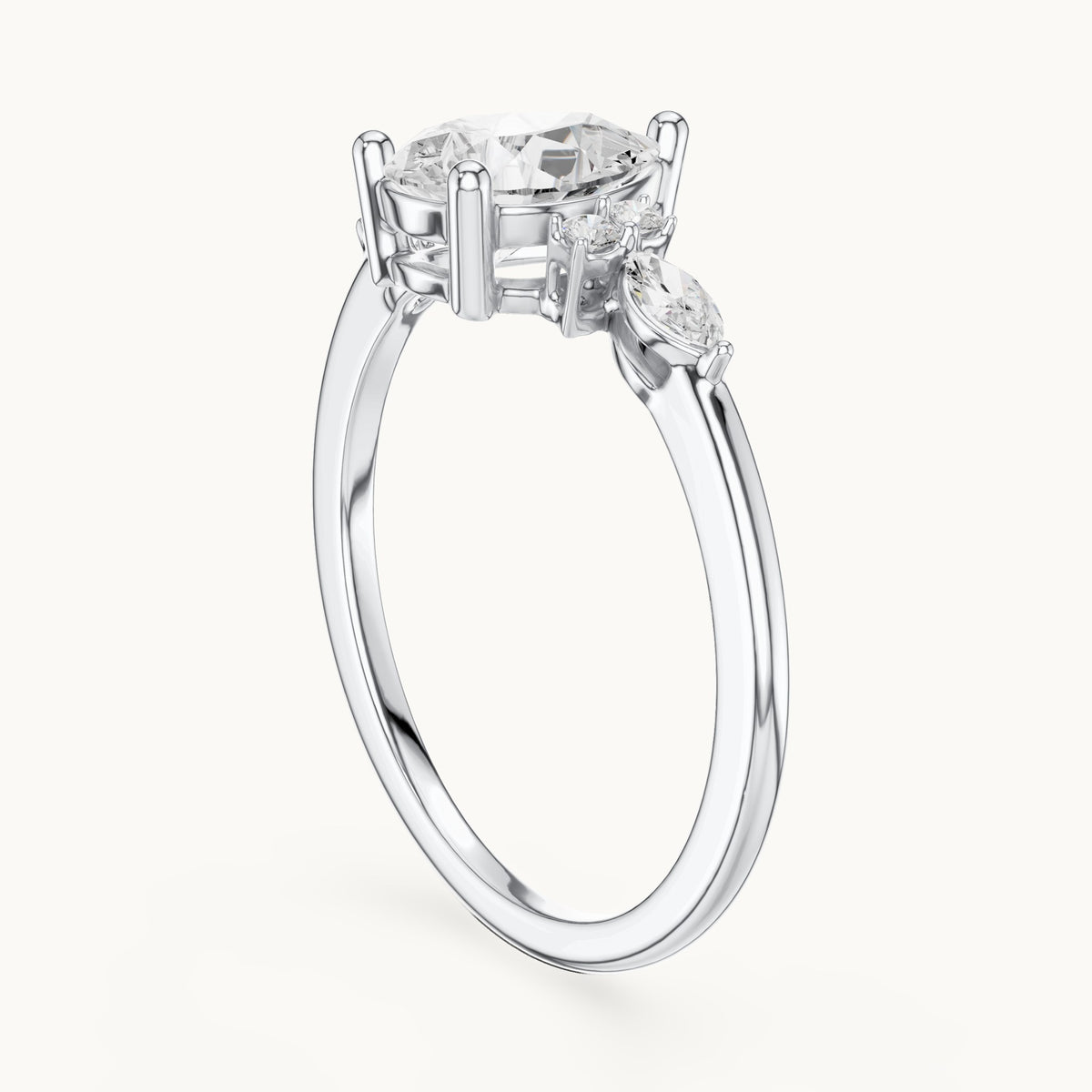 Pear, marquise and round lab-grown diamond engagement ring with side clusters in white gold, 1.19 CT TW, view 1